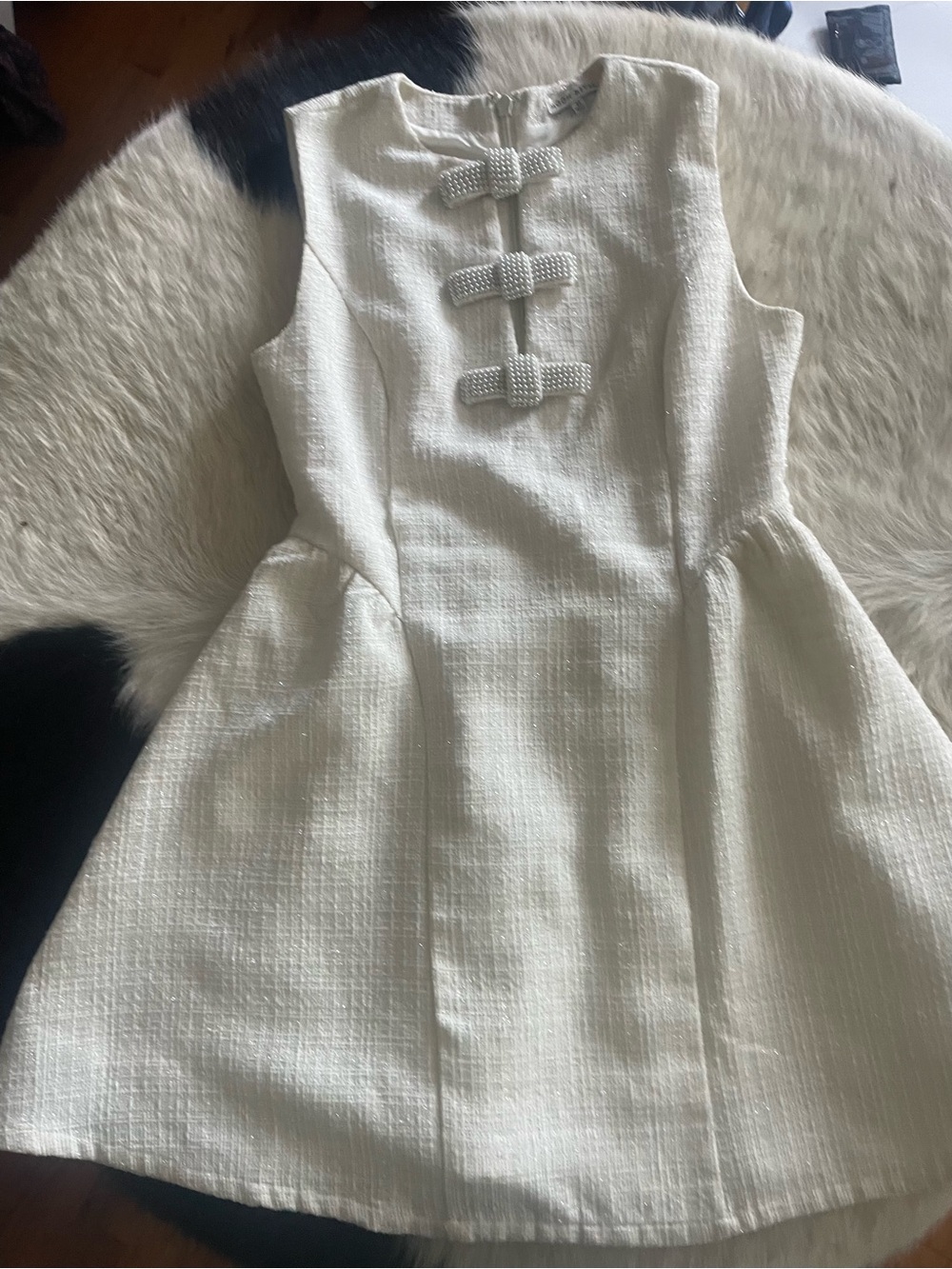 Moon River Cream Textured Bow-Accent Formal Dress—beaded bows, cream fabric.